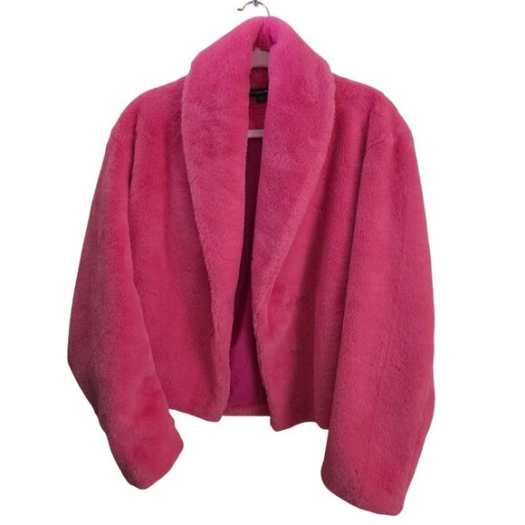 Boston Proper Shawl Collar Versatile Faux Fur Chubby Pink Peacock Jacket Size L - Picture 2 of 10